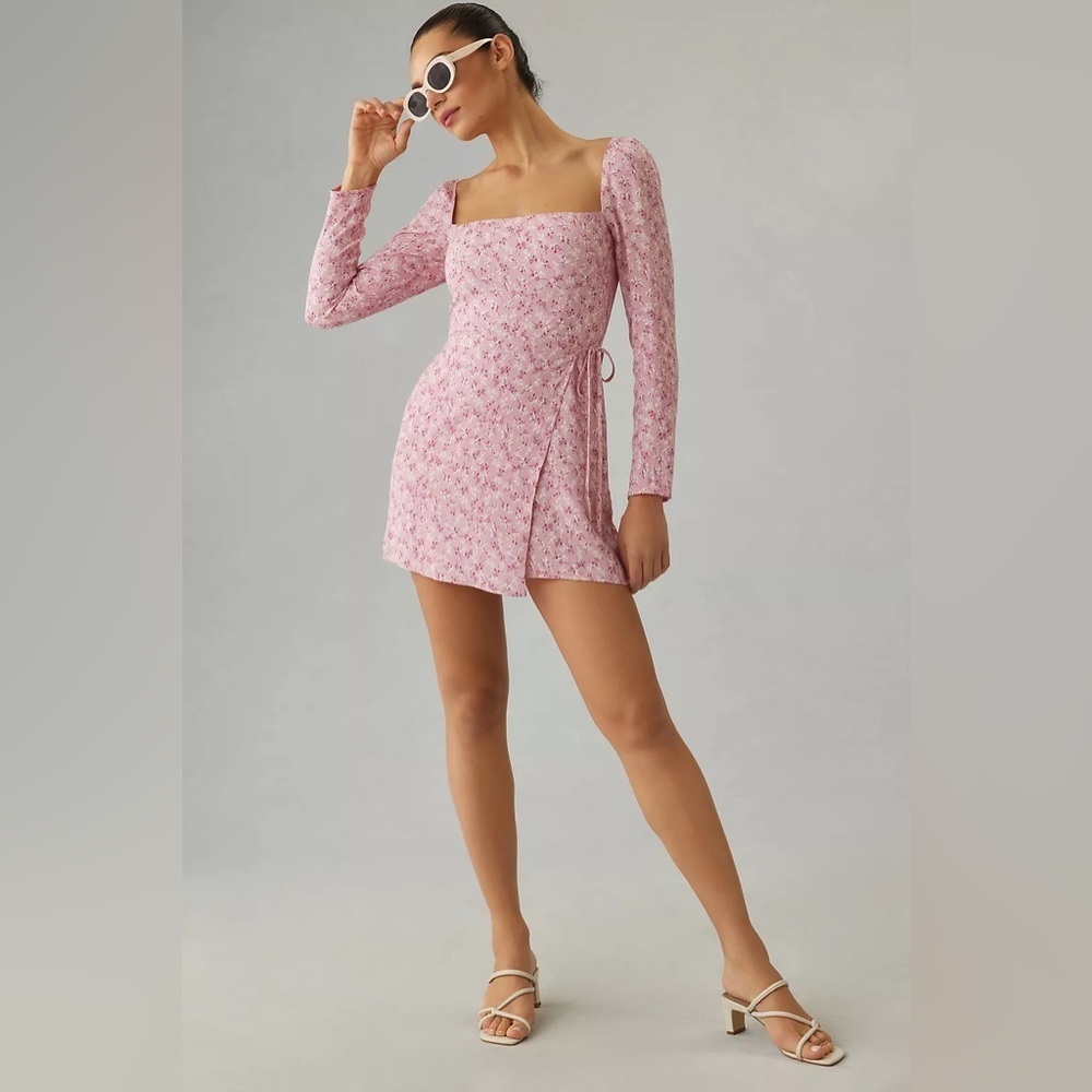 Reformation Rosalie Long Sleeve Crepe Mini Wrap Dress in Baby’s Breath